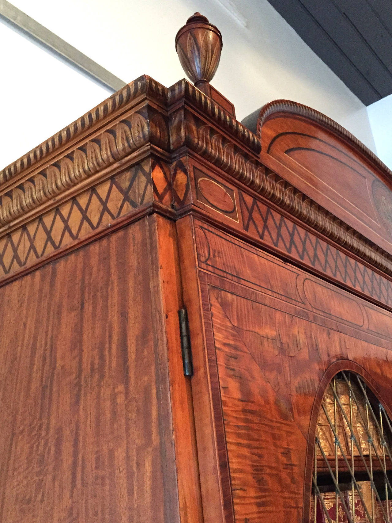 18th Century and Earlier Fine Hepplewhite Decorated Inlaid Satinwood & Mahogany Two-Part Bookcase Cabinet