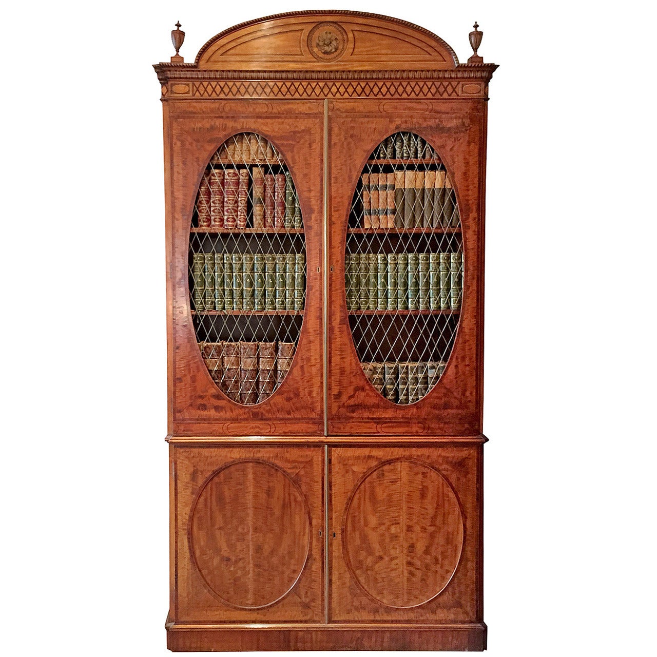 Fine Hepplewhite Decorated Inlaid Satinwood & Mahogany Two-Part Bookcase Cabinet