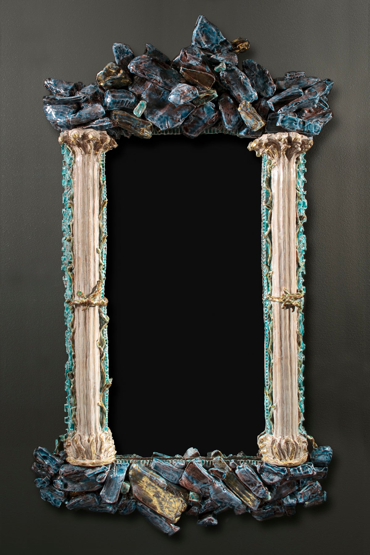 Rocaille Parcel-Gilt and Copper Glazed Ceramic Mirror by Eve Kaplan