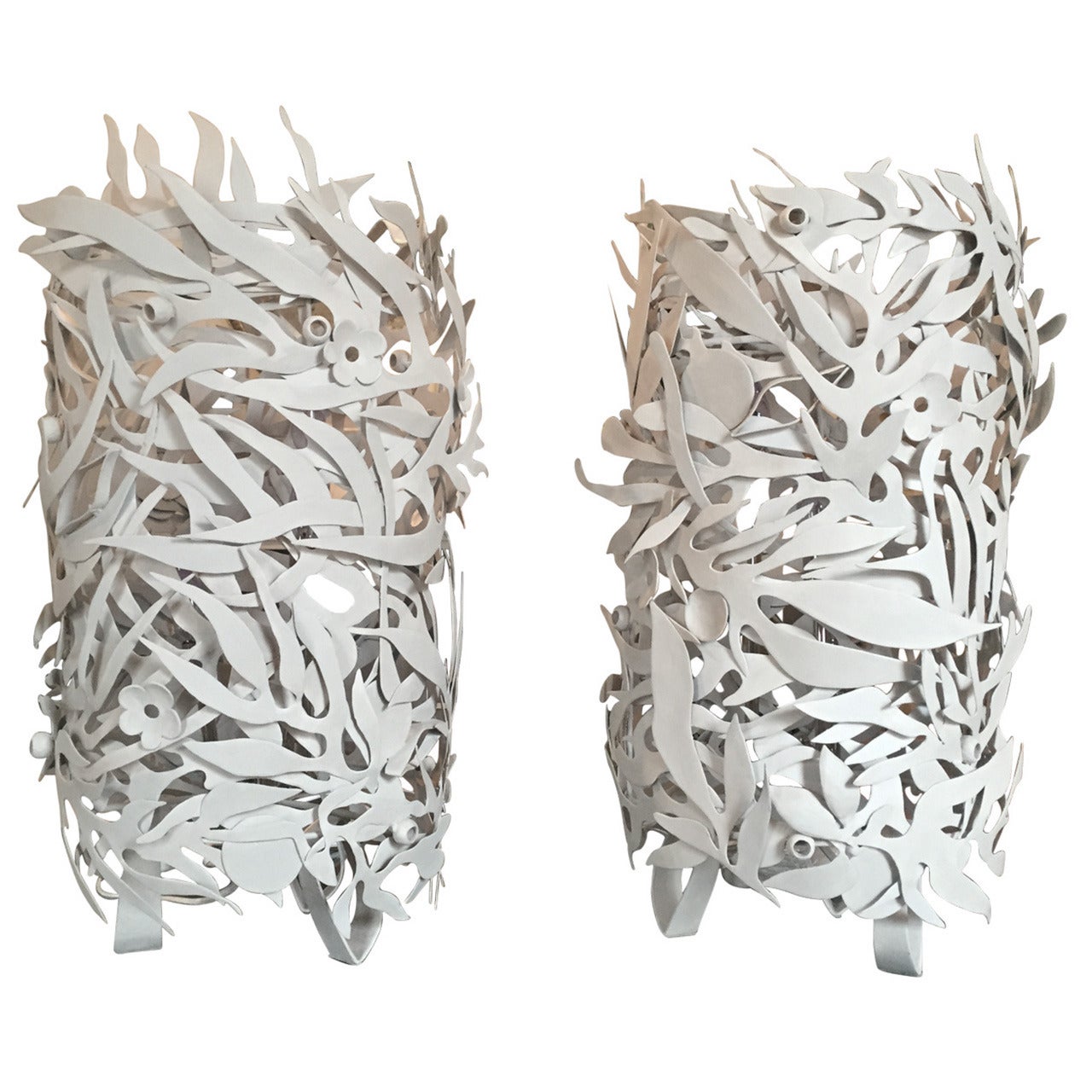 Pair of Gessoed Steel Seaweed Lamps