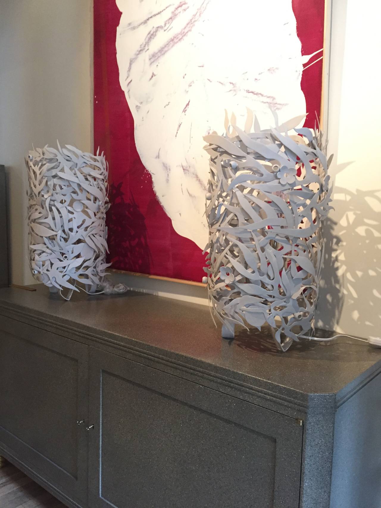 Pair of Gessoed Steel Seaweed Lamps 3