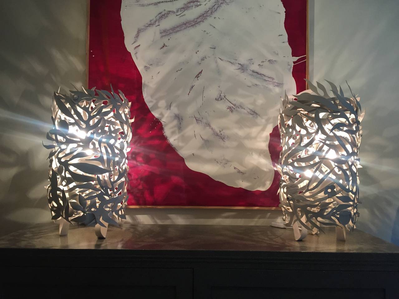 Pair of Gessoed Steel Seaweed Lamps 2