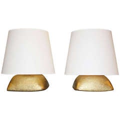 Pair of Hand Coiled and Gilded Ceramic Pillow Lamps by Andrea Koeppel