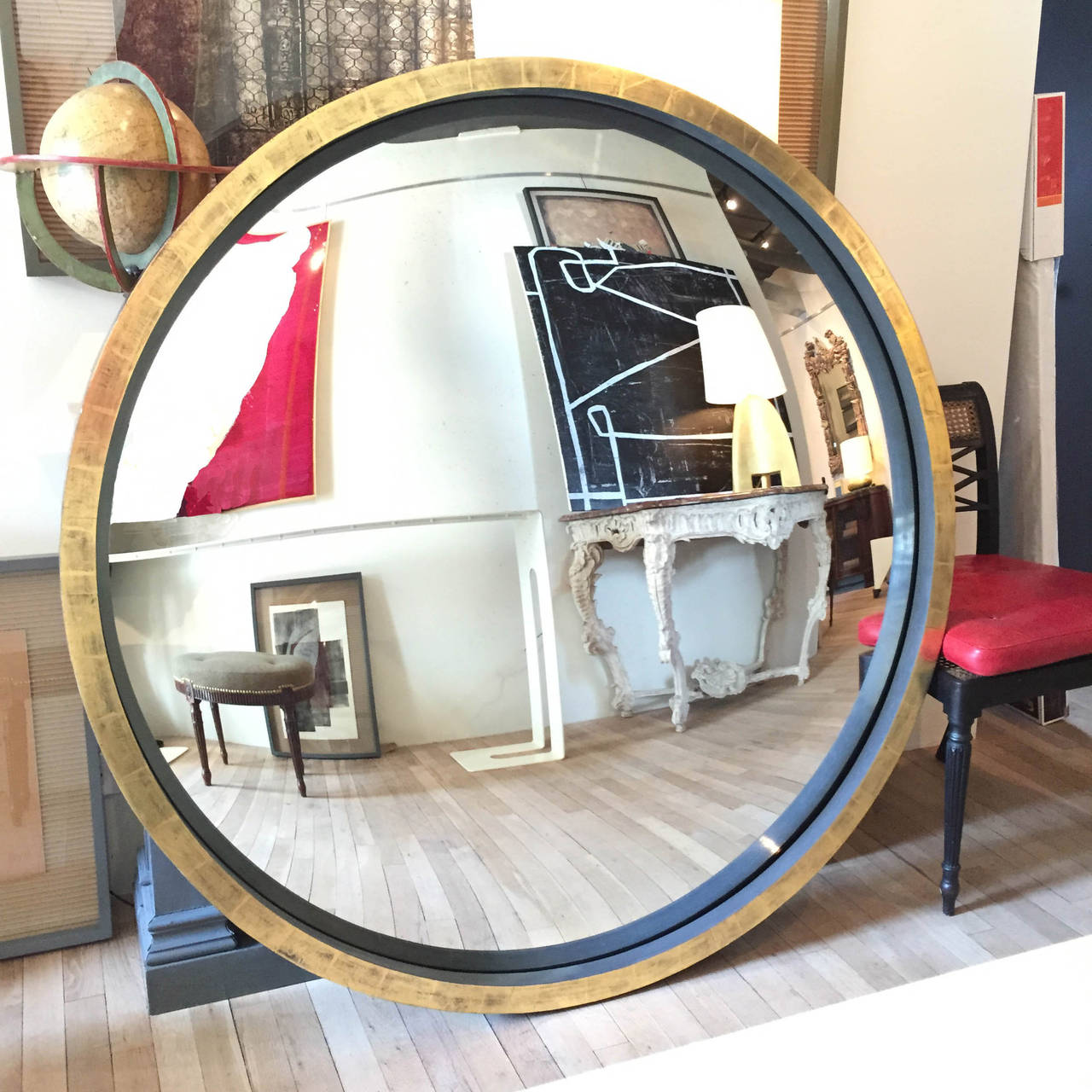Neoclassical Grey Bole and Giltwood Convex Mirror
Repurposed from 19th century table apron