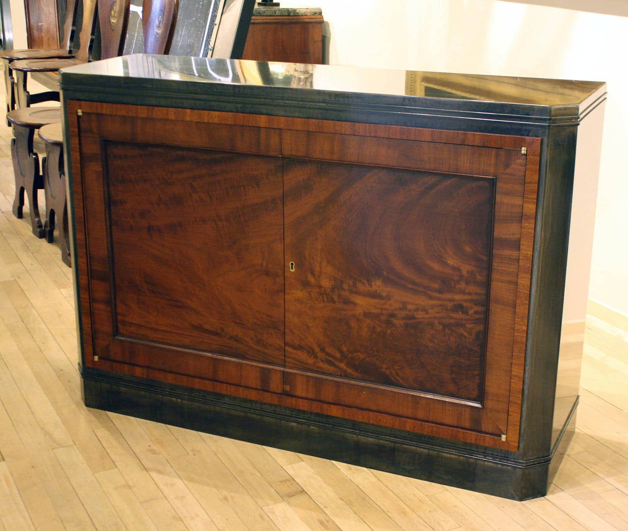 Pair of mahogany and patinated steel cabinets
Contemporary steel case, the doors, English, circa 1800
Available as custom order.
