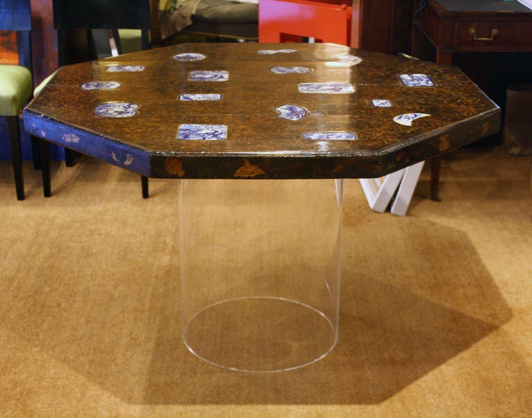 Japanese Porcelain Inset Lacquer Octagonal Center Table
