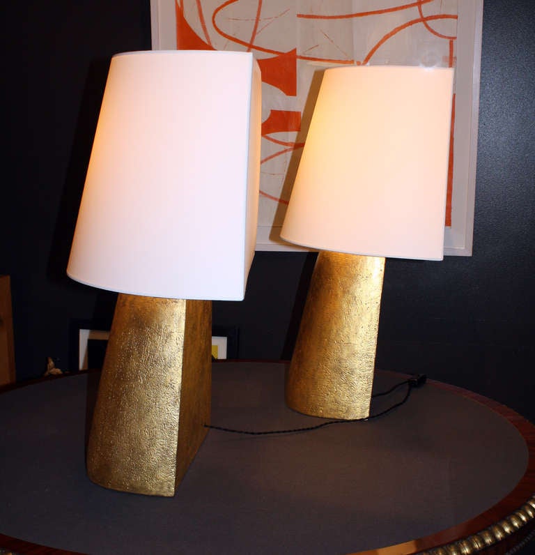 Contemporary Pair of Hand-Coiled Gilded Ceramic Flat Back Lamps