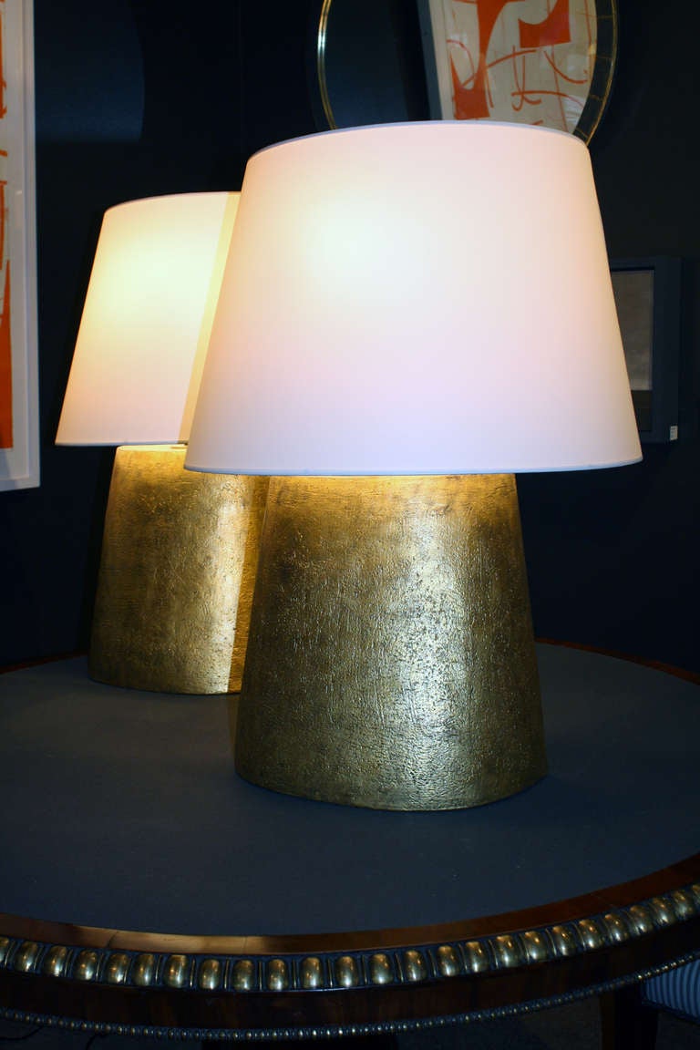 Pair of Hand-Coiled Gilded Ceramic Flat Back Lamps In Excellent Condition In New York, NY