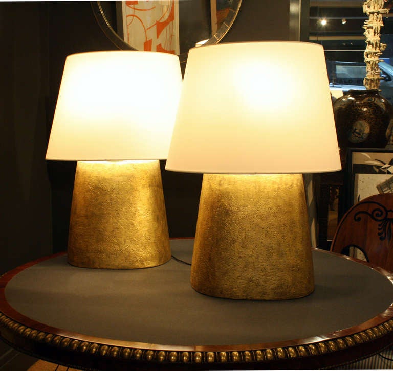 Pair Of Hand Coiled Gilded Ceramic Flat, Flat Back Lamp Shade