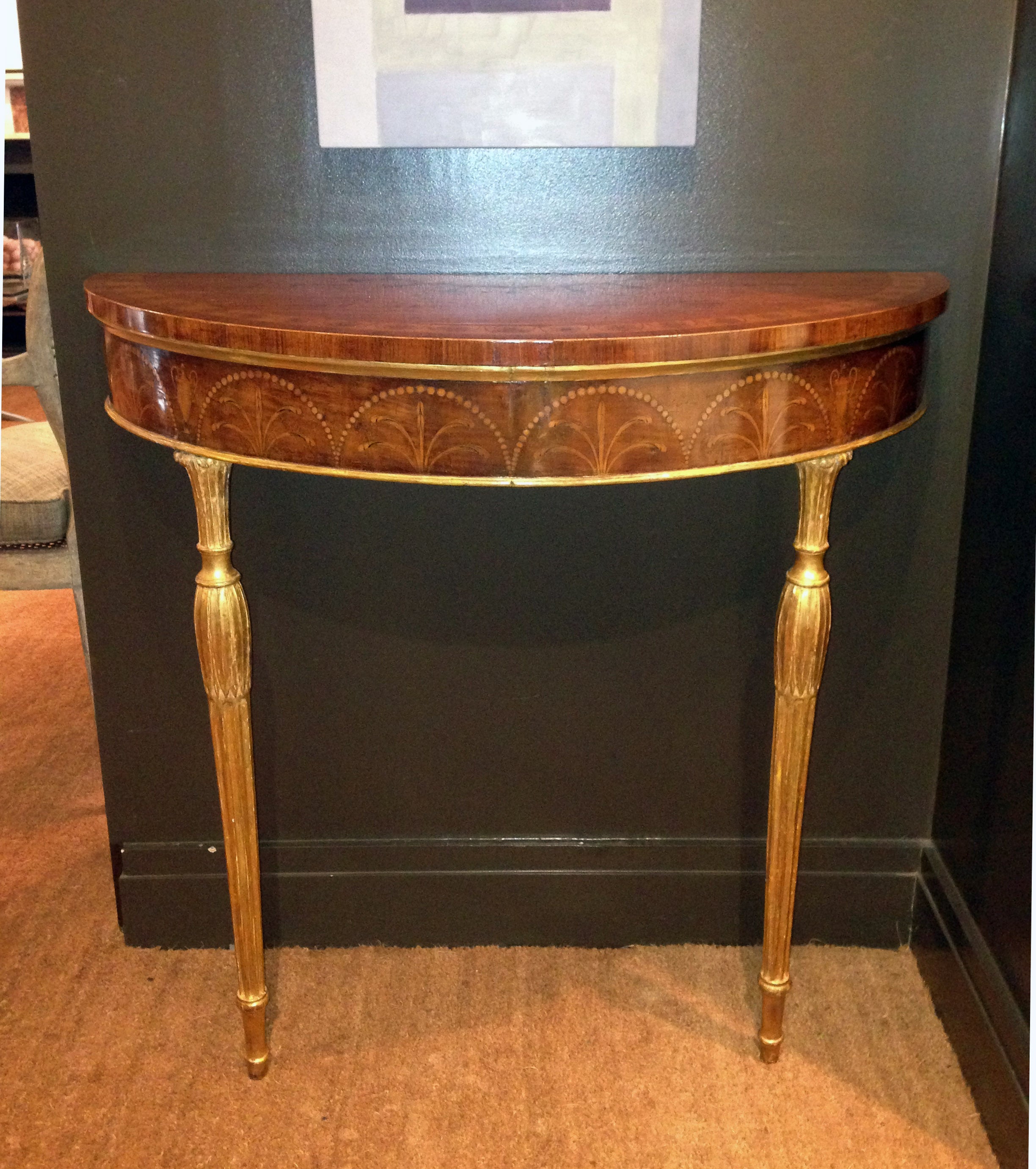 Adam Marquetry Inlaid Satinwood & Giltwood Demilune Console Table