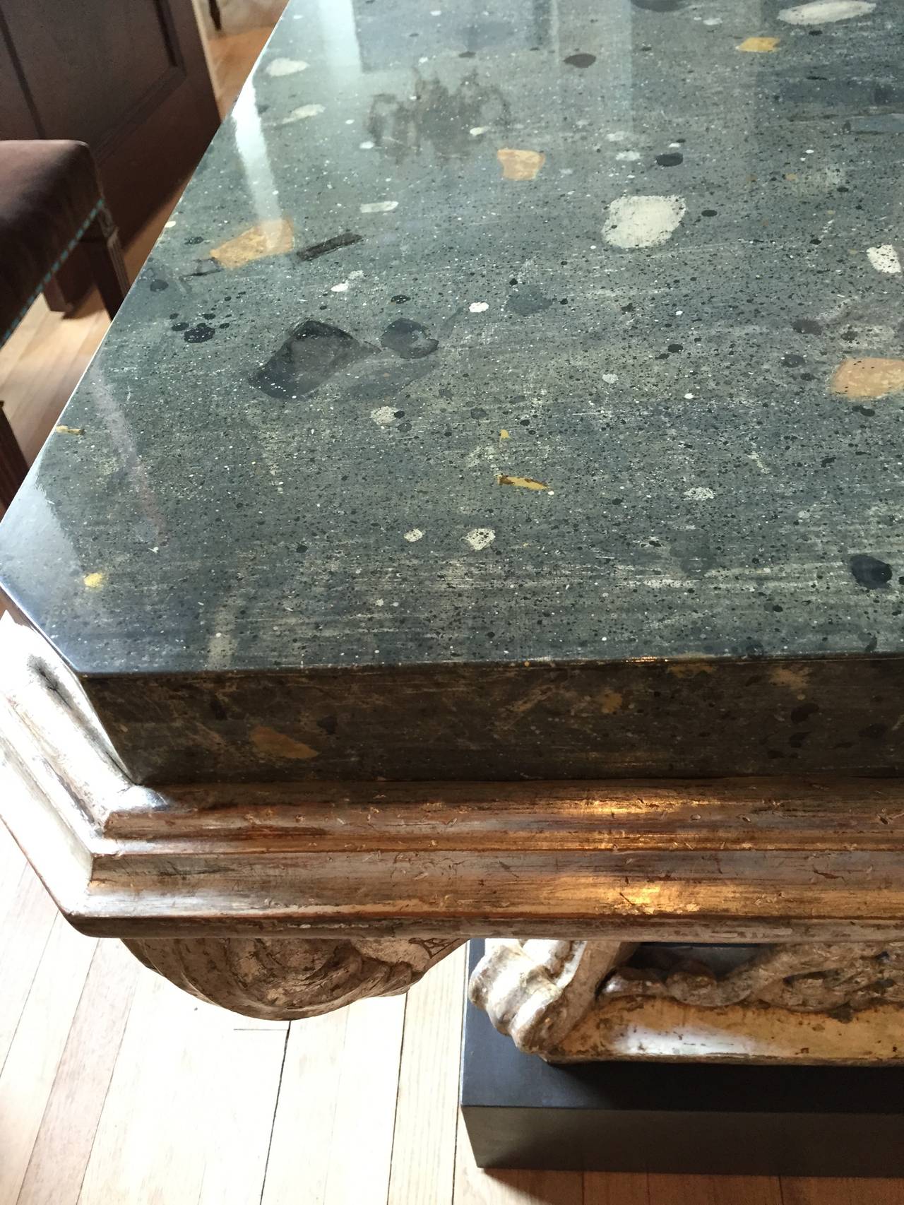 Baroque, Silver Gilt Center Table with Contemporary Faux Marble-Top and Plinth