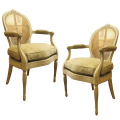 Pair of Adam Grey Painted 
Caned Open Armchairs
