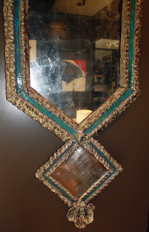Rocaille Blue Glazed Ceramic and Palladium Leaf Lozenge Mirror In Excellent Condition In New York, NY