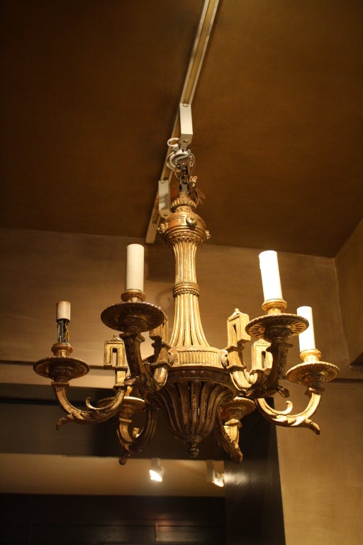 Louis XIV style giltwood light chandelier, French, 19th century. Electrified with original restored gilding.