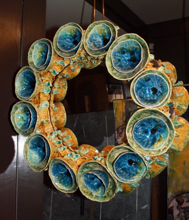 American Rocaille Turquoise & Amber Glazed Convex Mirror
