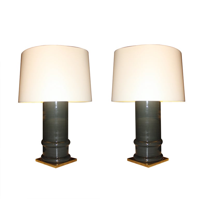 Pair of Grey Glazed Cylindrical Lamps