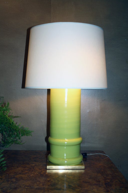 Apple Green Glazed Ceramic Cylindrical Lamp In Excellent Condition In New York, NY