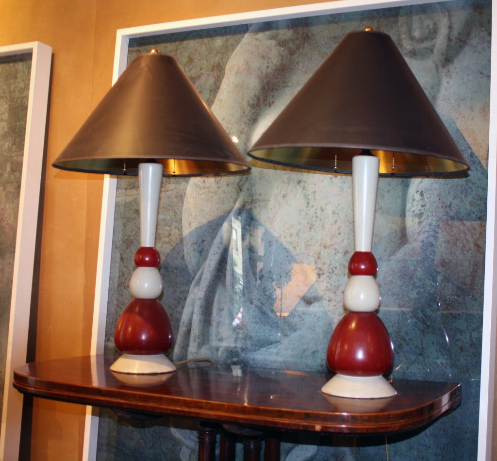 Pair of Art Deco Grey & Red Painted Baluster Form Lamps