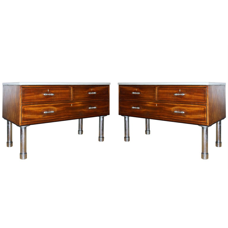 Pair of Mahogany Polished Steel and Polished Cement Commodes