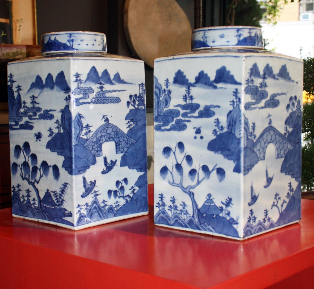 Pair of Chinese Blue and White Tea Lidded Canisters.