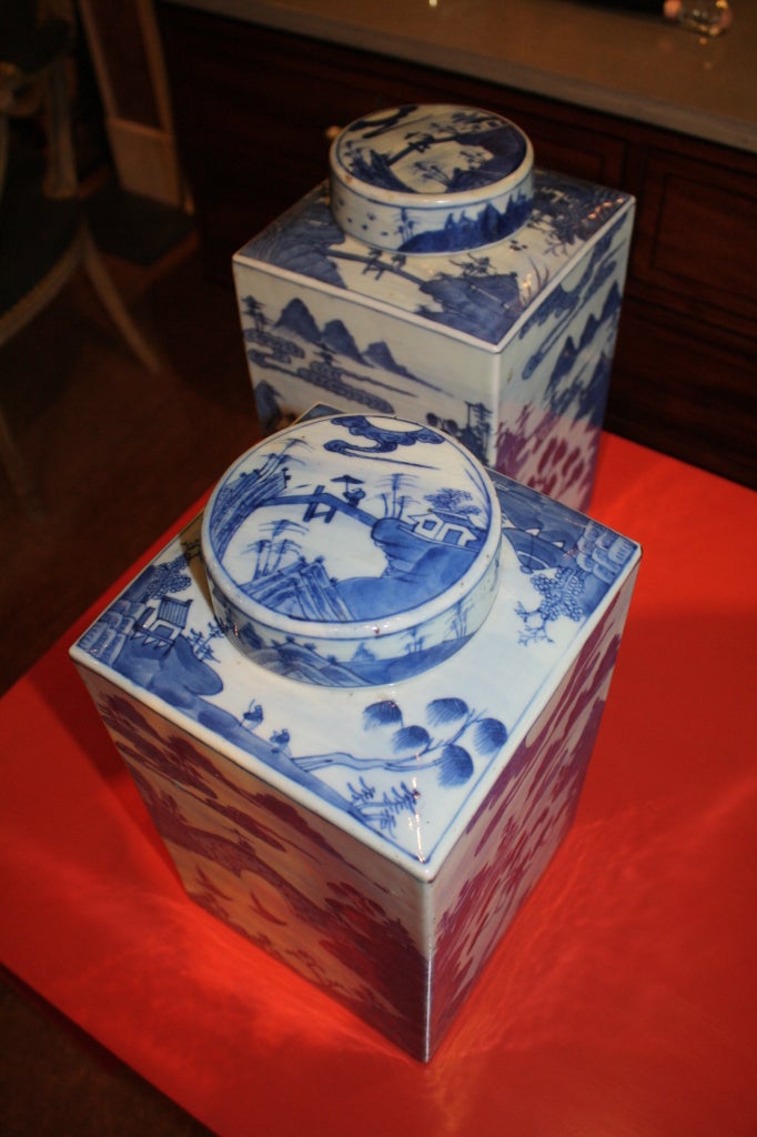 Ceramic Pair of Chinese Blue and White Porcelain Lidded Tea Canisters