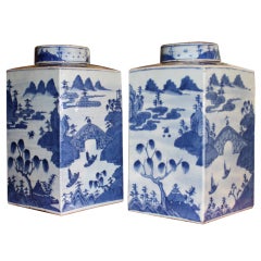 Antique Pair of Chinese Blue and White Porcelain Lidded Tea Canisters