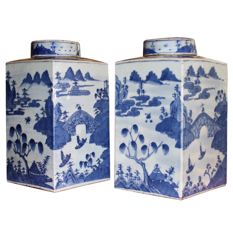Pair of Chinese Blue and White Porcelain Lidded Tea Canisters
