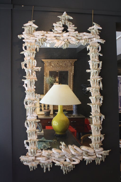 Chinoiserie Rocaille Cream Glazed Ceramic Mirror In Excellent Condition In New York, NY