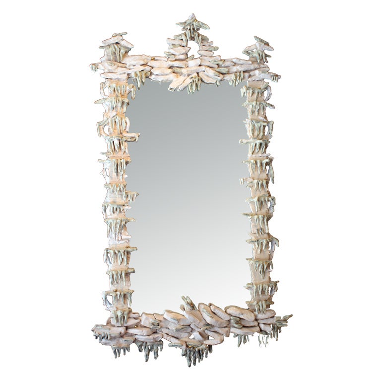 Chinoiserie Rocaille Cream Glazed Ceramic Mirror