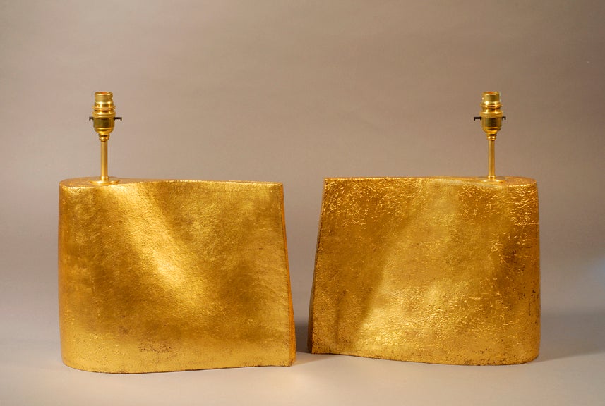 American Pair of Hand-Coiled Ceramic Wave Lamps with Oxide and Gilt