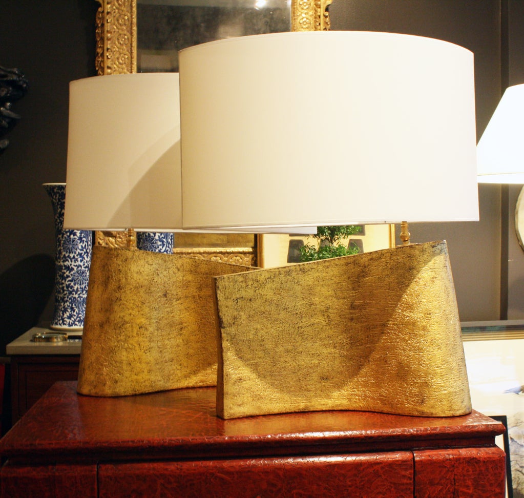 Contemporary Pair of Hand-Coiled Ceramic Wave Lamps with Oxide and Gilt