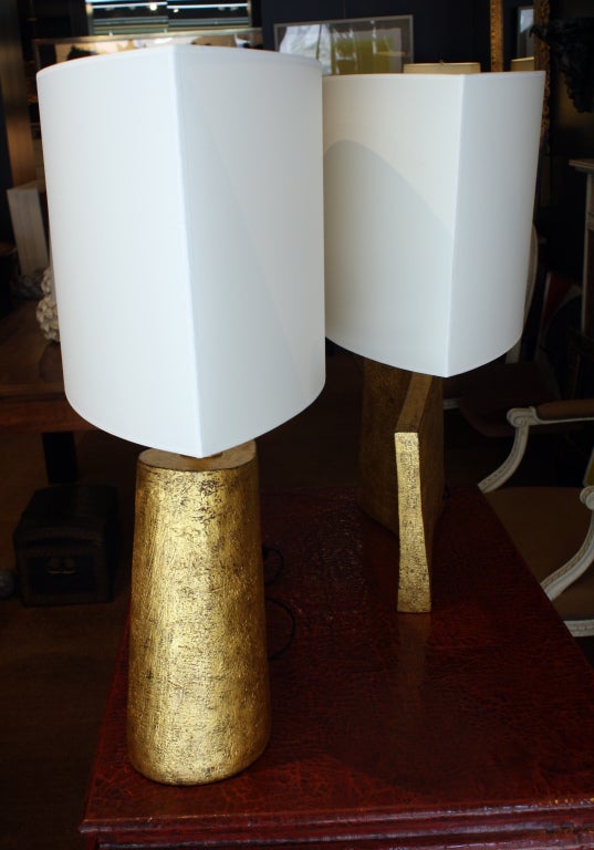 Pair of Hand-Coiled Ceramic Wave Lamps with Oxide and Gilt 1