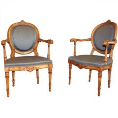 Pair of Italian Walnut Oval Back Armchairs