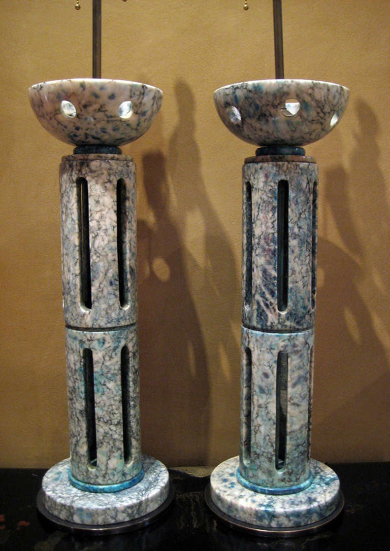Unknown Pair of Green Alabaster Altar Sticks Now Mounted as Lamps For Sale