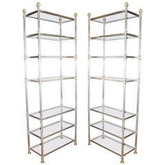 Pair of Brushed Steel and Gilt Metal Etageres