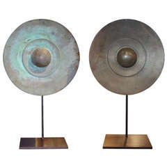 Pair of Architectural Patinated Bronze Discs now Mounted on Stands
