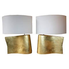 Pair of Hand-Coiled and Gilded Wave Lamps by Andrea Koeppel 1