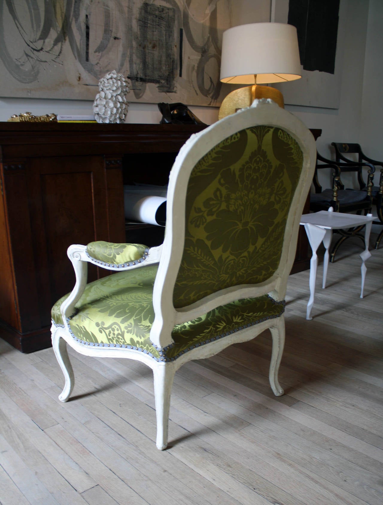 French, circa 1750
Now upholstered in silk damask with grey grosgrain trim.