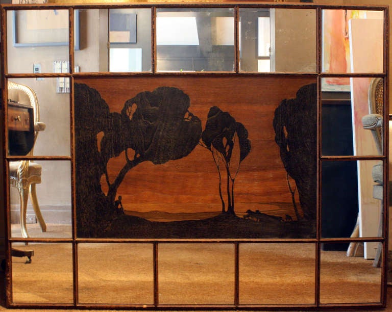 Art Nouveau inlaid landscape mirror.