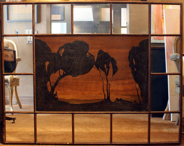 Art Nouveau inlaid landscape mirror.