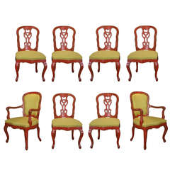 Set of Eight Rococo Red Painted Dining Chairs