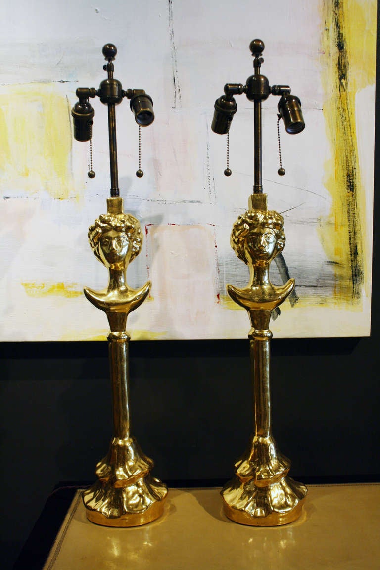 Pair of Gilded Plaster Moon Lady Lamps after Alberto Giacometti