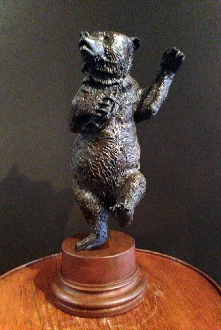 Bronze sculpture of a bear on a circular wooden stand. Unique maquette for the large scale bear that is part of the Delacorte Musical Clock in Central Park, New York City. Commissioned by Gioia Braga.