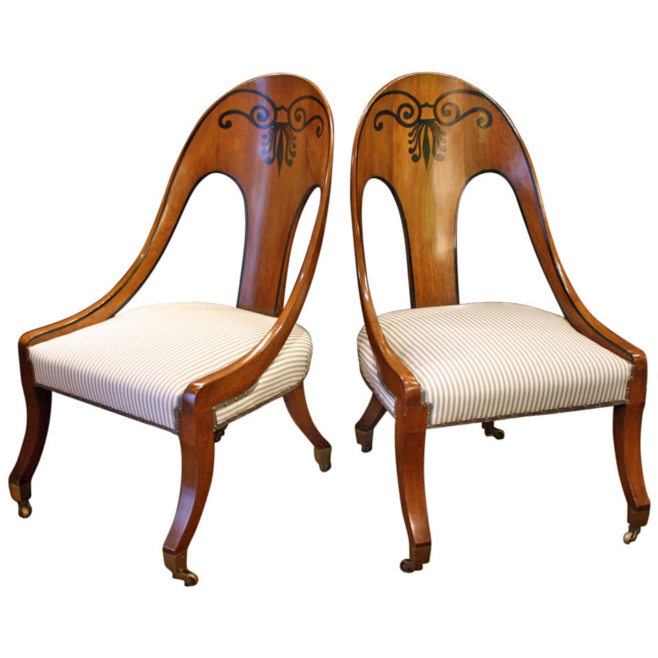 Pair of Regency Inlaid Mahogany Spoonback Chairs
