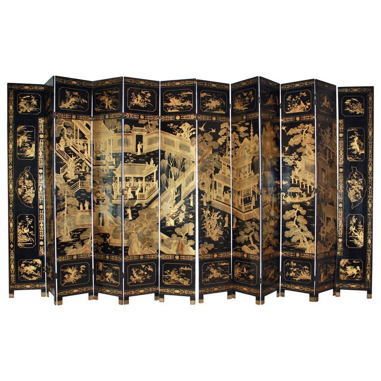 Gilt Decorated Black Lacquer Twelve Panel Screen at 1stdibs