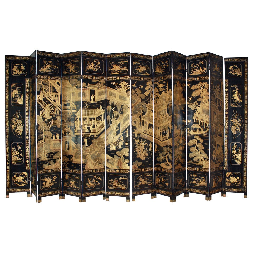 Gilt Decorated Black Lacquer Twelve Panel Screen