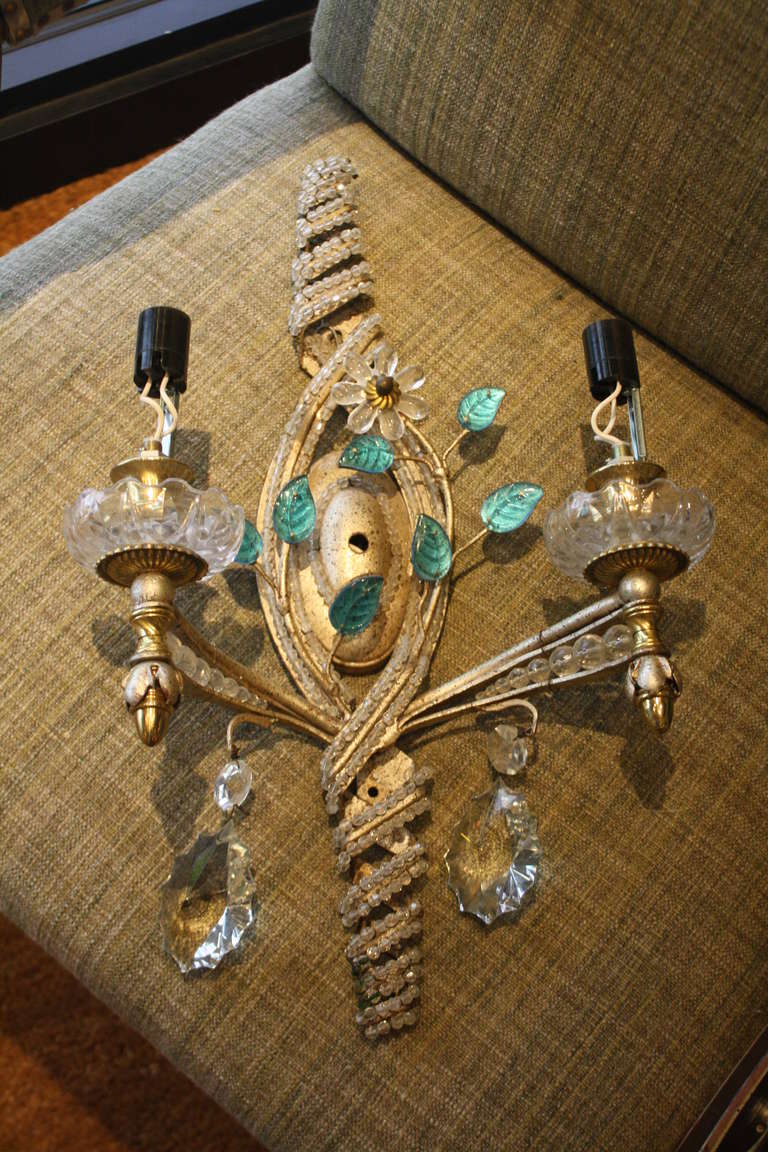 Pair of Neoclassical Cut Glass Beaded and Silvered Metal Wall Lights at 1stdibs