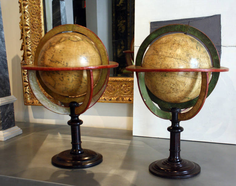 Assembled pair of globes.
Terrestrial globe, Charles-Francois Delamarche, 1821
Celestial globe, Augustin Fortin, 1780.