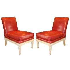Pair of Louis XVI Red Leather Upholstered & White Painted Slipper Chairs