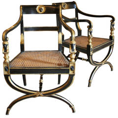 Pair of Regency Gilt Decorated and Ebonized Armchairs